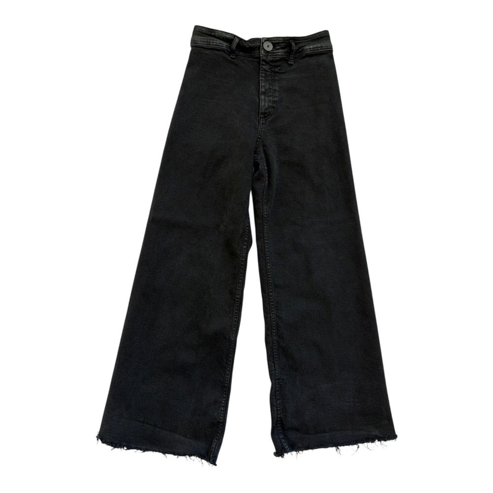 Zara  Wide Leg Jeans Womens Size 4 Black Ankle Frayed Hem High Rise Casual Boho